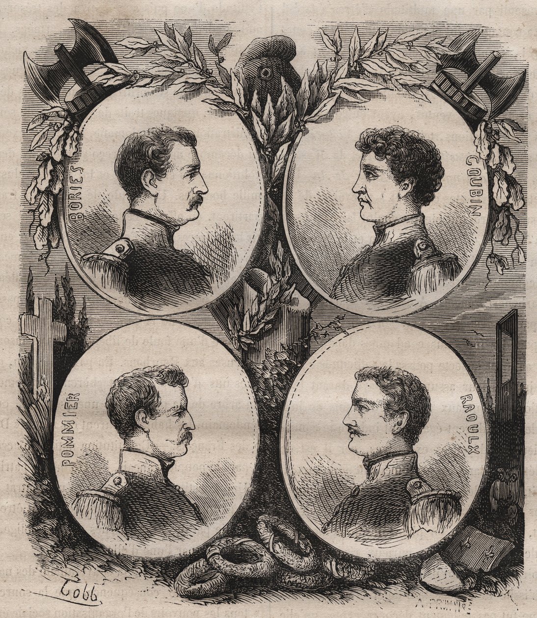 Czterej sierżanci (Jean Francois Bories (1795-1822), Jean Joseph Pommier (1796-1822), Marius Claude Raoulx (1797-1822)) i Charles Goubin (1798-1822) z La Rochelle oskarżeni w ramach Restauracji o chęć obalenia monarchia i gilotyny w 1822 r. autorstwa Unknown artist