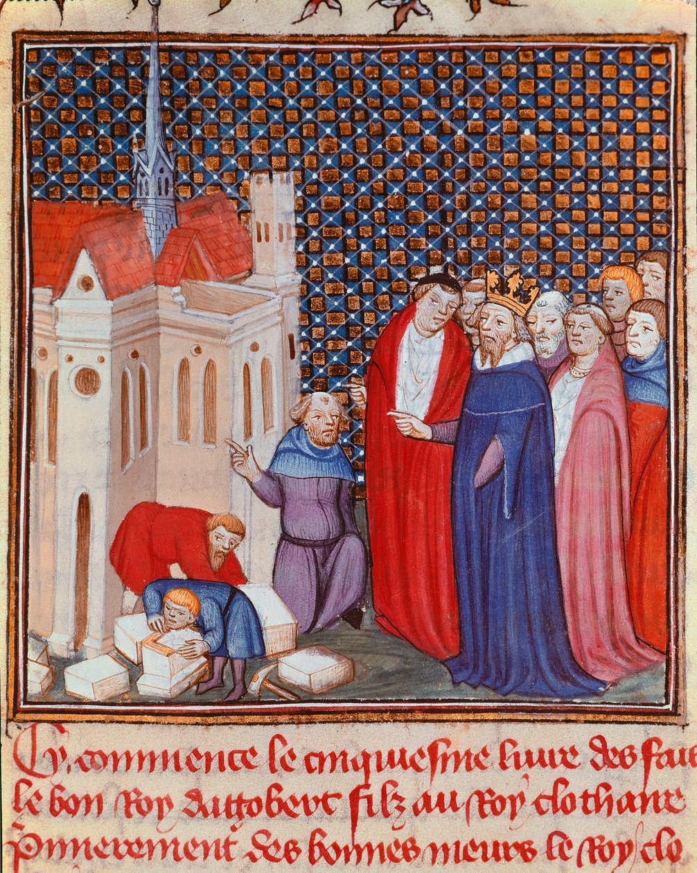 Frank King Dagobert I (603/608-639) z dynastii Merowingów nadzorujący budowę miniaturowego budynku z „”Les grandes Chronicles de France” lub „”Les Chronicles de Saint Denis”” XIV-wieczny Chantilly, Musee Conde autorstwa Unknown artist
