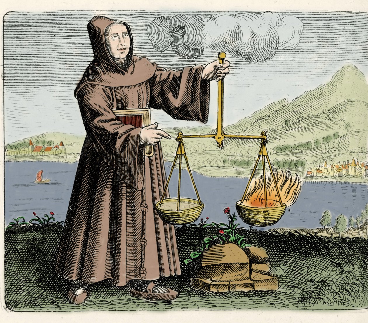 Franciszkański mnich, filozof i alchemik Roger Bacon (Bacon) (Doctor Mirabilis) (1214-1294) dokonujący doświadczenia. Grawer z „Symbole Złotego Stołu Dwunastu Narodów” Michaela Mayera 1617 autorstwa Unknown artist