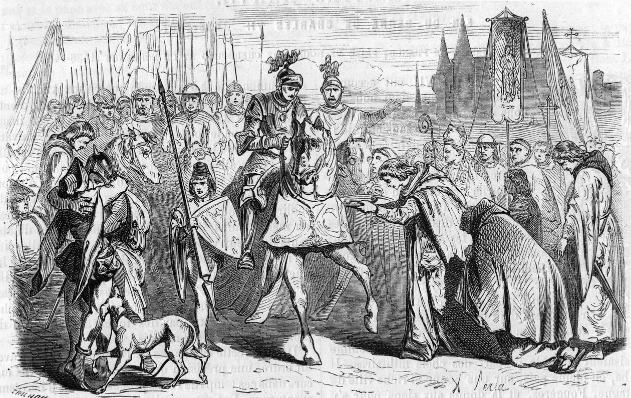Francuzi udali się do Bordeaux 23 czerwca 1451 pod wodzą Karola VII, kończącego rekonkwistę przeciwko Anglikom. Rycina XIX wieku. autorstwa Unknown artist