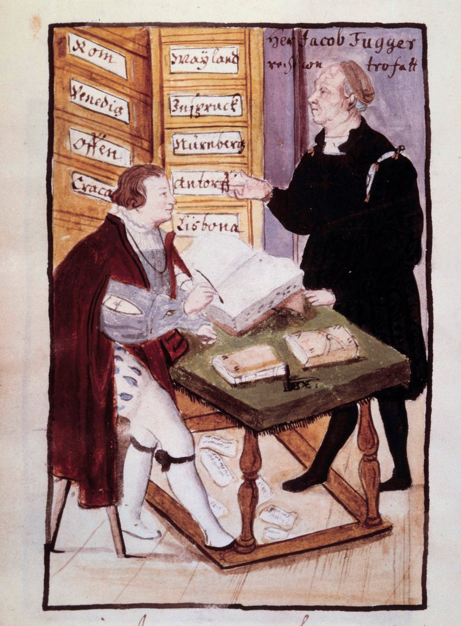 Niemiecki bankier Jacob Fugger (1459-1525) w swoim biurze (Goldene Schreibstube) ze swoim niemieckim księgowym Matthausem Schwarzem (1497-około 1574) Akwarela z XVI wieku. BN, Paryż autorstwa Unknown artist