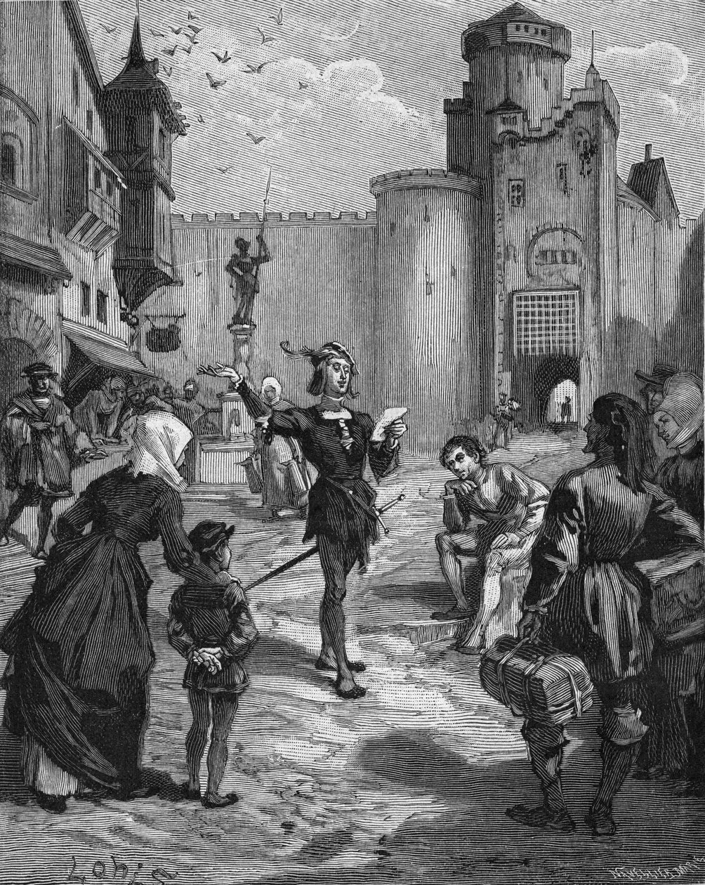 Niemiecki rycerz, poeta i humanista Ulrich von Hutten (1488-1523) deklamuje na ulicy jeden ze swoich wierszy. Rycina XIX wieku. W „Histoire de France” Julesa Micheleta autorstwa Unknown artist