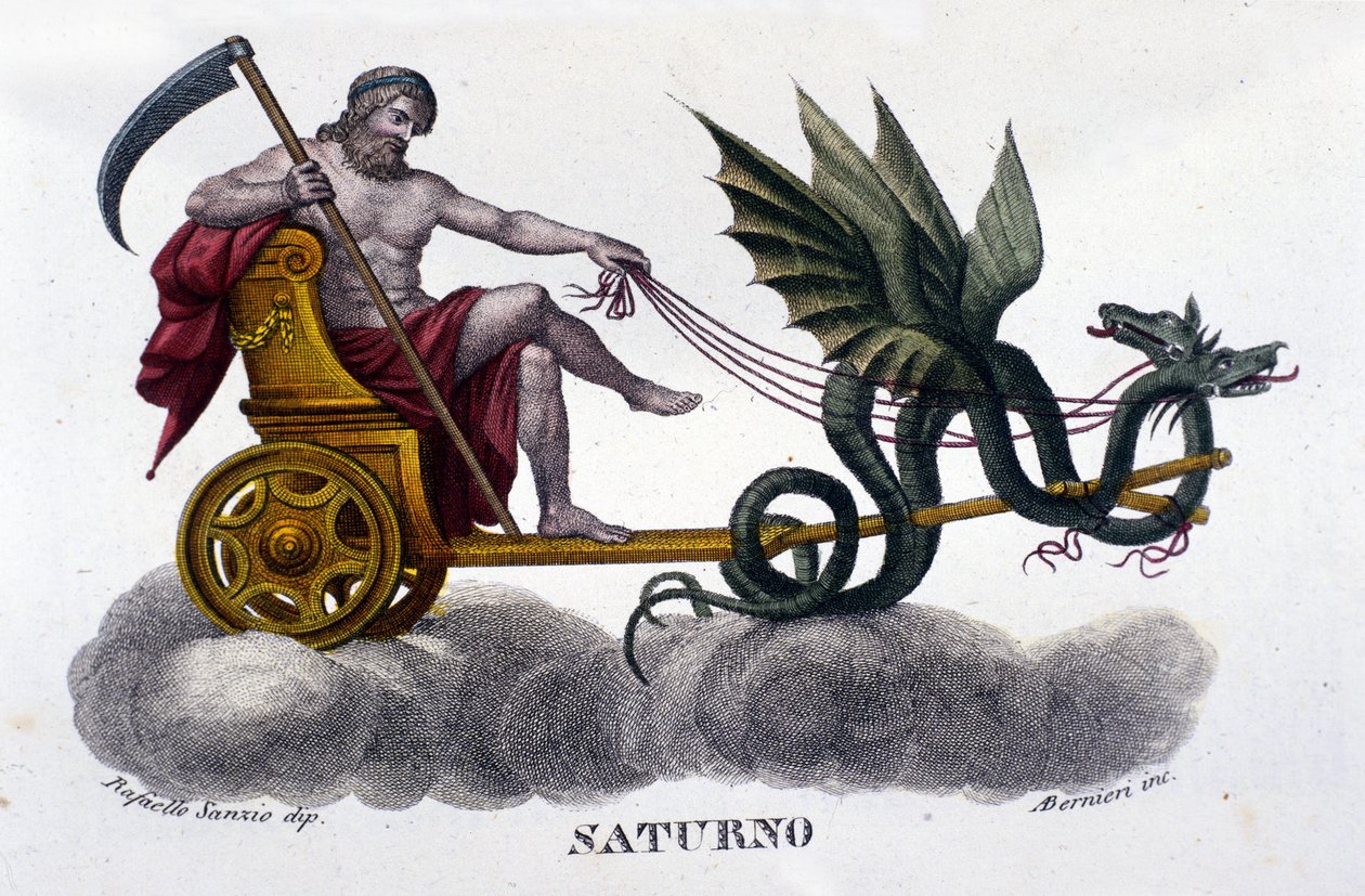 Bóg Saturn (lub Cronos) na czołgu wystrzelonym przez dwa smoki. Z ilustracji Raffaello Sanzio. Rycina XIX wieku. autorstwa Unknown artist