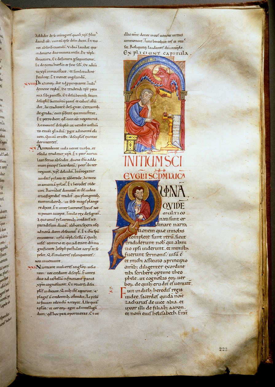 Ewangelia św. Łukasza przedstawia w postaci bulli iluminowaną Biblię (Ms.721-Foglio 223r.) z początku XII wieku. Ciemny. 52,5x36 cm Rzym, Biblioteca Casanatense autorstwa Unknown artist