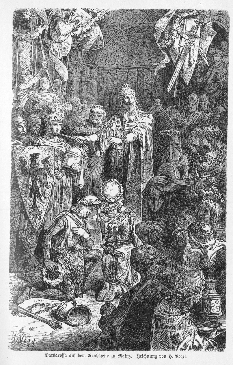 Wielki Cesarz Fryderyk Barbarossa dzierży swój dwór w Moguncji - Fryderyk I po Hohenstaufen, natomiast Fryderyk Barberousse (1122-1190) otrzymał w Moguncji krzyż wigilii Gerarda z Würzburga - Grawerowanie w „Kaiser, Konig une Papst” Richarda Rotha autorstwa Unknown artist
