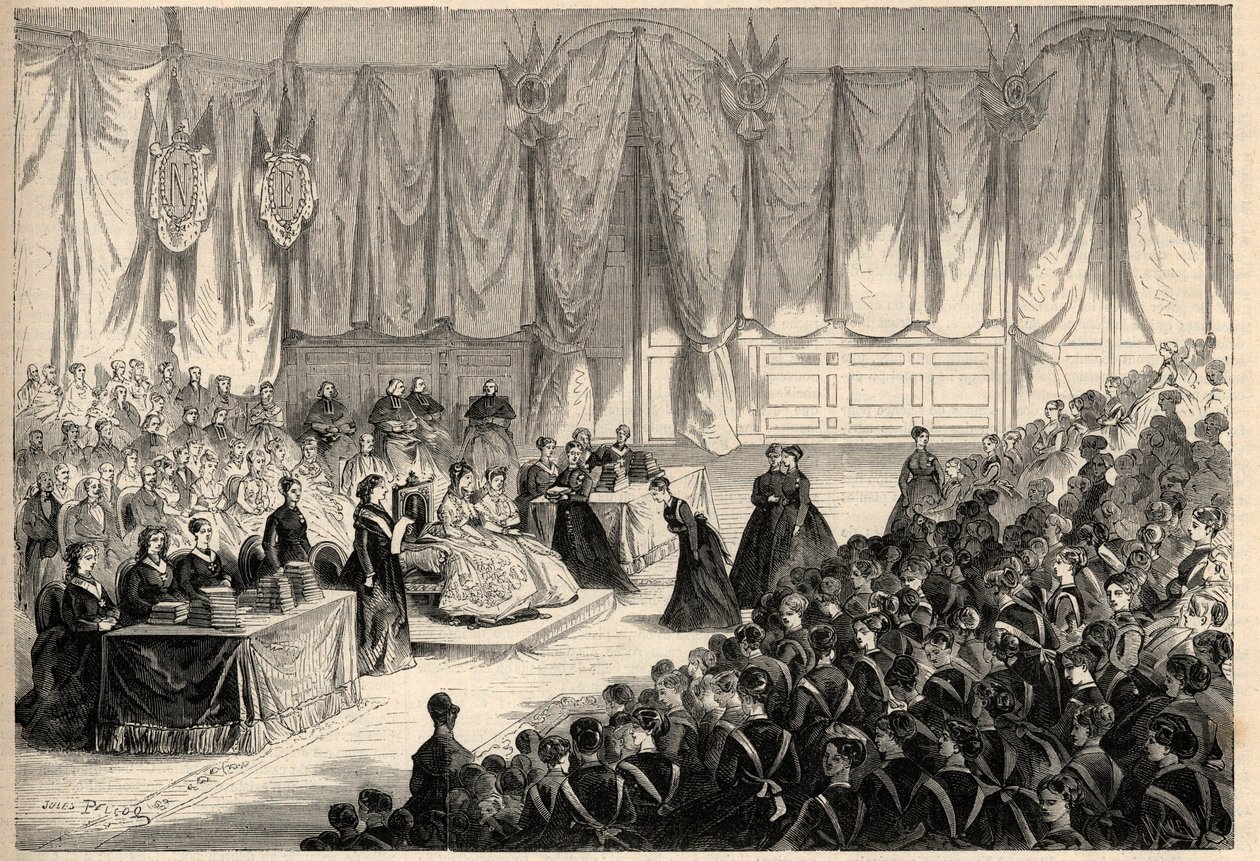 Impress Eugenie de Montijo (1826-1920) kierujący rozdziałem nagród dla cesarskiej instytucji Legii Honorowej w Saint Denis. Grawer w „”L