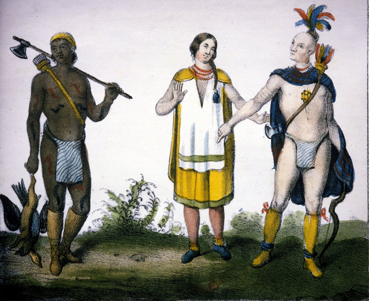 Indianie Kanady: myśliwy (Akadyjczyk), kobieta i wojownik. litografia „Galeria Powszechna wszystkich narodów świata”, Mediolan autorstwa Unknown artist