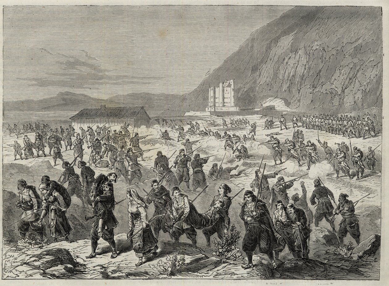 Powstanie w Dalmacji (Bocche di Cattaro) - powstanie przeciwko poborowi narzuconemu przez rząd austriacki - WYDARZENIA W DALMACJI. buntownicy atakujący państwowy fort trinita w pobliżu kataro (Bouches of Kotor) - Zatoka Kotorska - 1869 - autorstwa Unknown artist