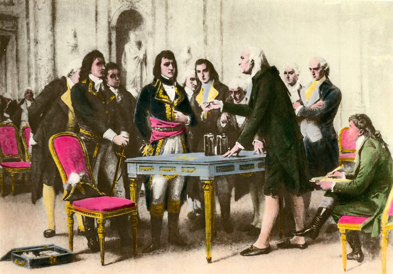 Włoski fizyk Alessandro (Alexandre) Volta (1745-1827) przedstawia swój stos Napoleonowi Bonaparte. 1801 Kolekcja prywatna autorstwa Unknown artist