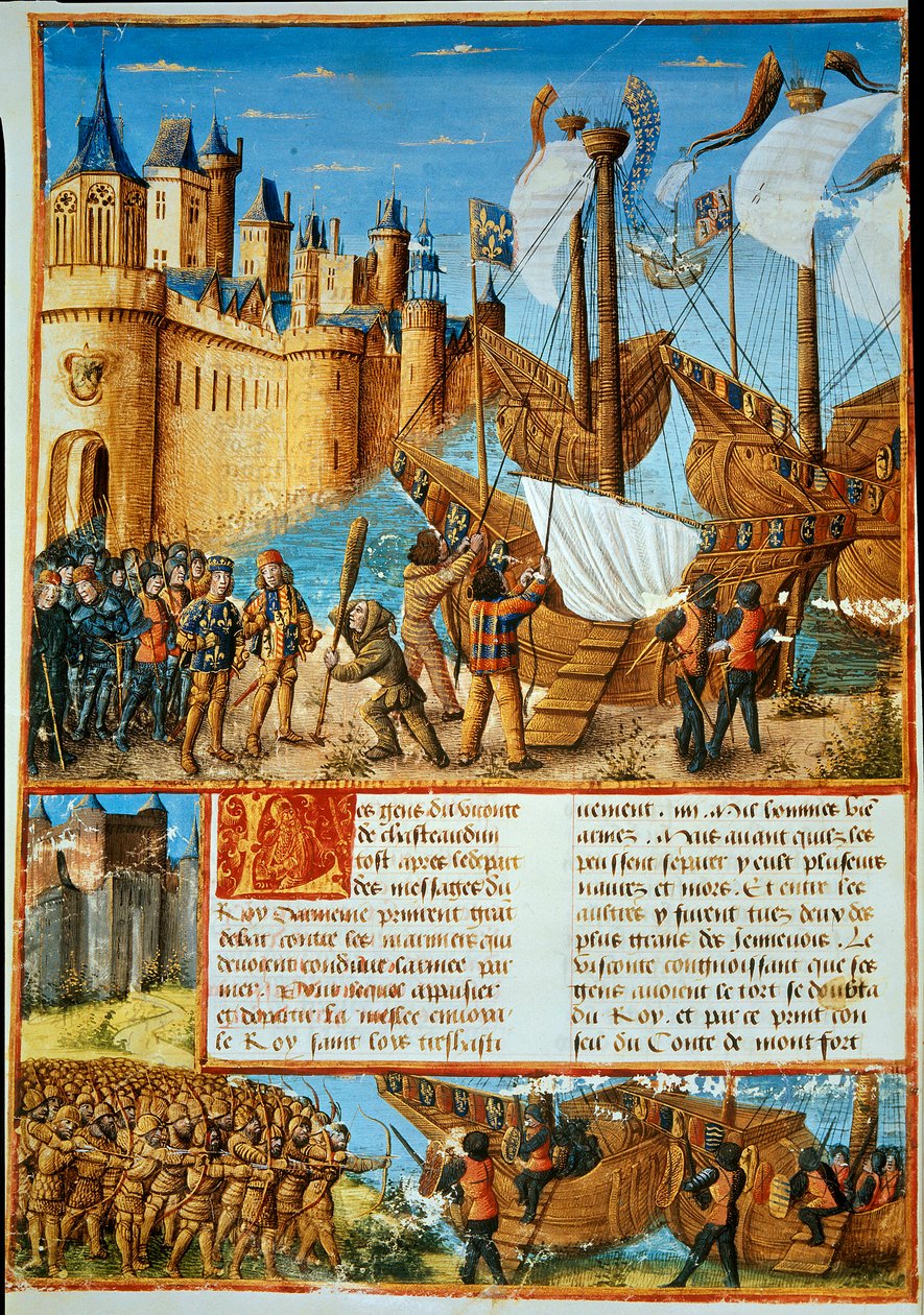Król Francji Ludwik IX (Saint Louis) (1214-1270) wyrusza w siódmą krucjatę. Miniatura zaczerpnięta z „Przejścia wykonane Outremer przez Francuzów przeciwko Turkom i innym Saracenom i Moures Outremarine” autorstwa Sebastiena Mamerota autorstwa Unknown artist