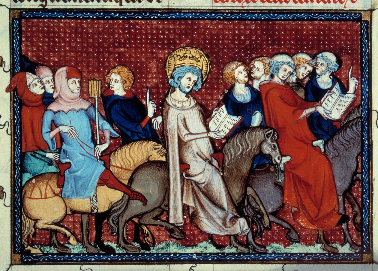 Król Francji Ludwik IX (Saint Louis) (1214-1270) kazał koniowi opowiedzieć swoje godziny swoim miniaturowym kapelanom z rękopisu „Życie i cuda św. Ludwika” autorstwa Wilhelma z Saint Pathus autorstwa Unknown artist