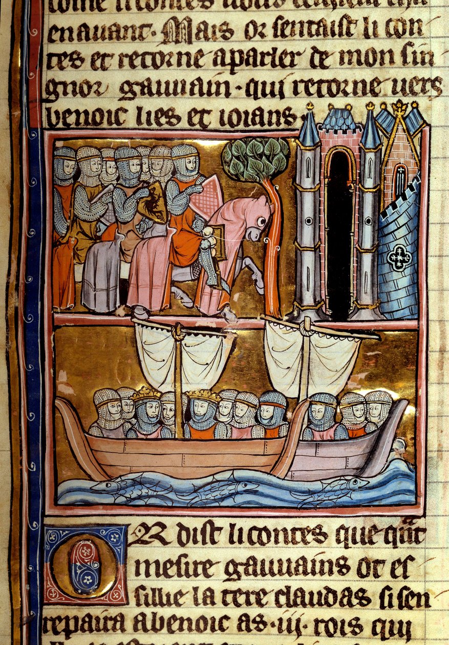 Rycerze wyruszyli na wyprawę krzyżową. Miniatura zaczerpnięta z „”La quete du Holy Grail et la mort du roi Arthur”” Roberta De Borron (ou Boron) (1147-1170) Około 1280 Paryż, B.N. autorstwa Unknown artist