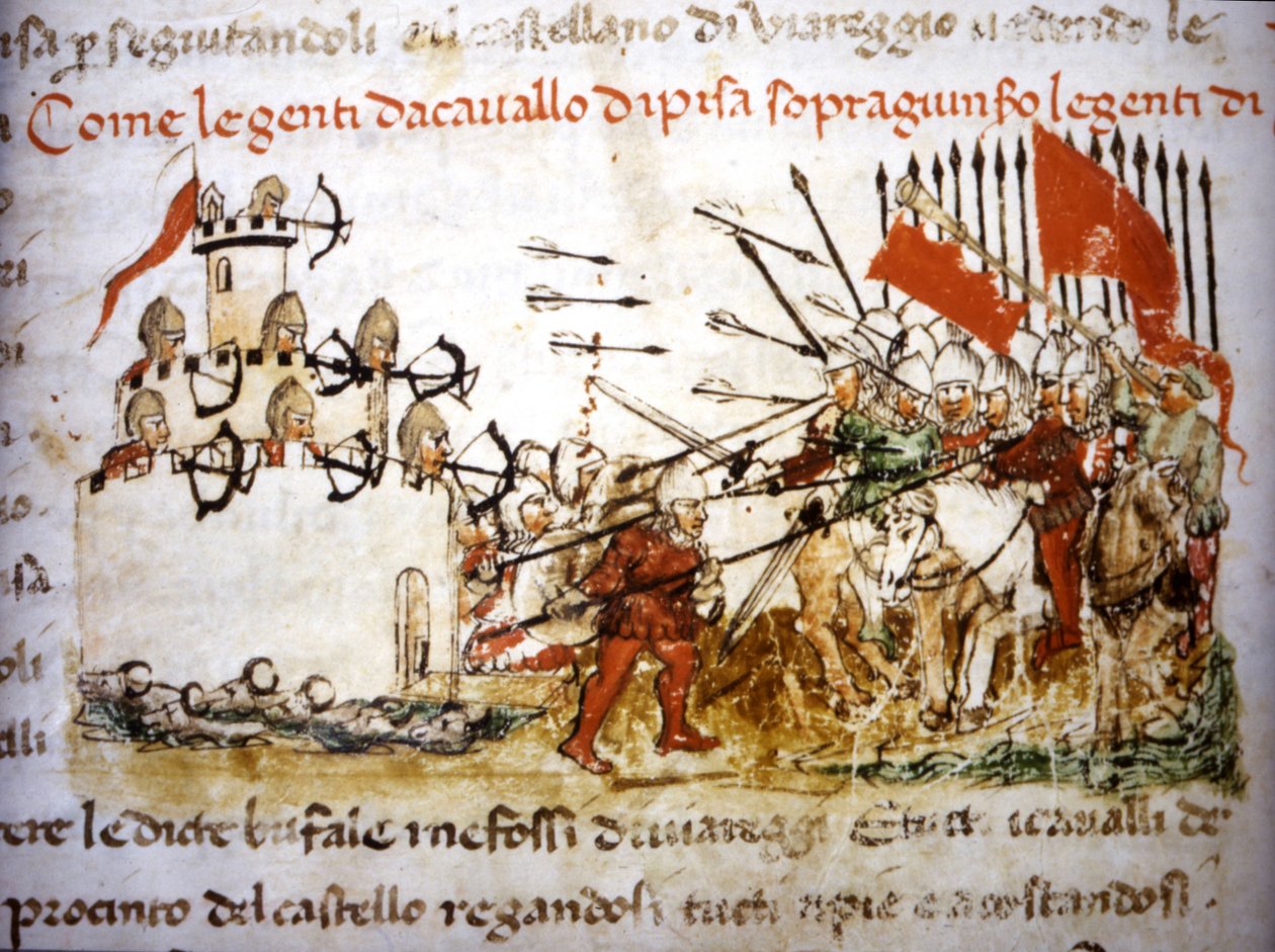 Rycerze Pizy wygrali z piechotą Lukki w 1397 r. - w „Croniche del Sercambi”, ok. 1400 r. Archiwum Narodowe, Lukka. autorstwa Unknown artist