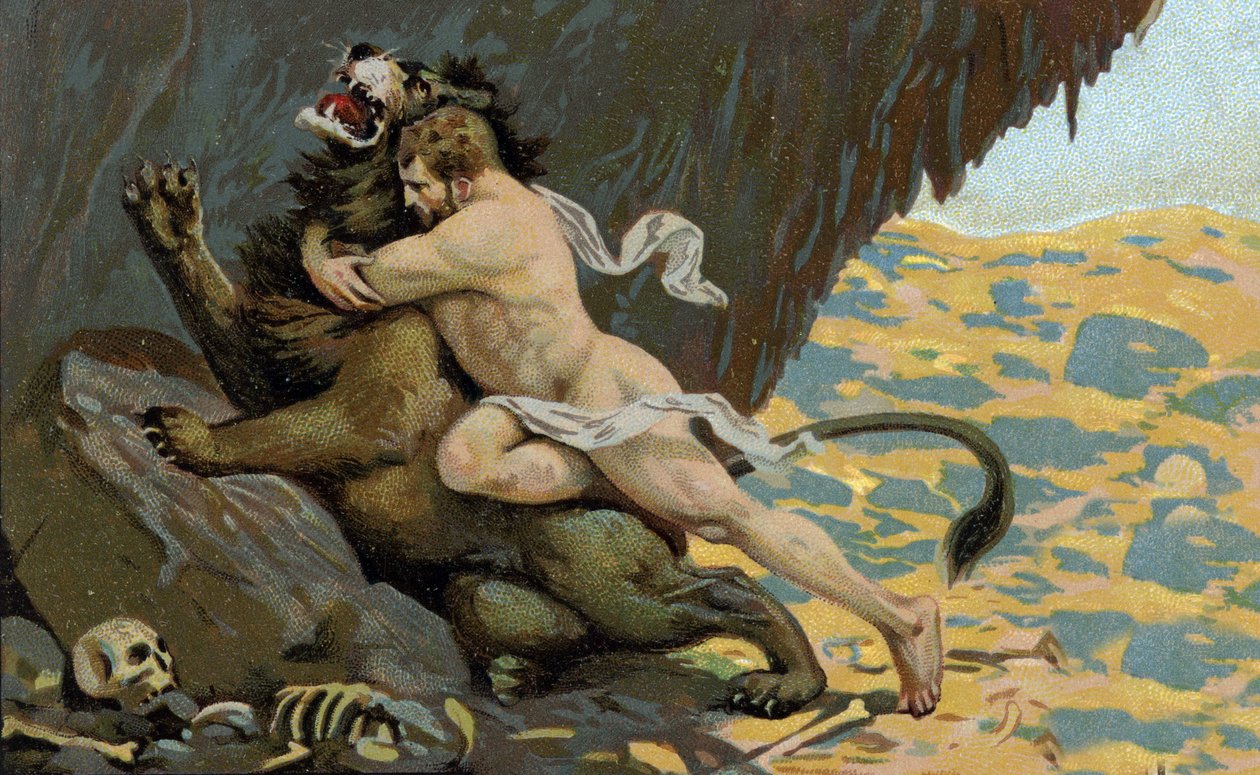 The Labors of Hercules: Herkules i Lew Nemee, początek XX wieku (chromo) autorstwa Unknown Artist