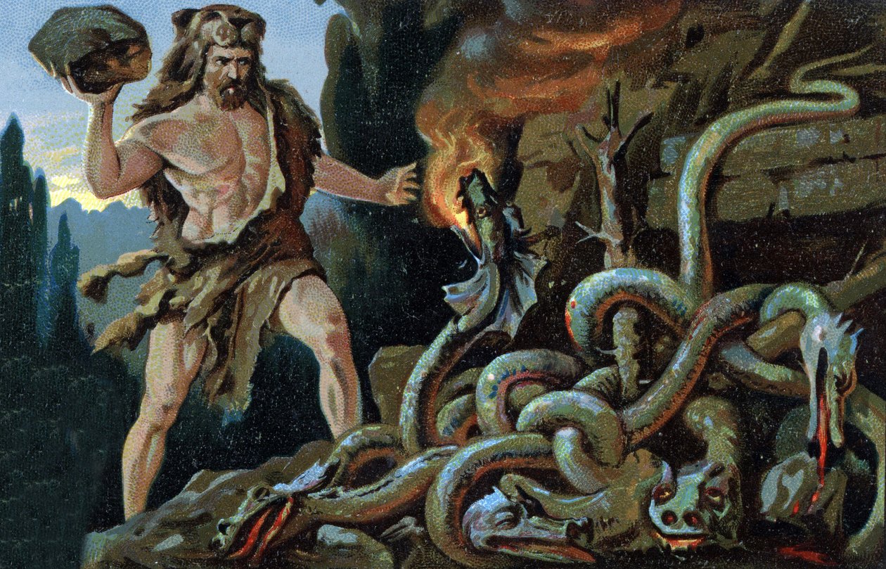 The Labors of Hercules: Herkules zabija Hydrę z Lerne, początek XX wieku (chromo) autorstwa Unknown Artist