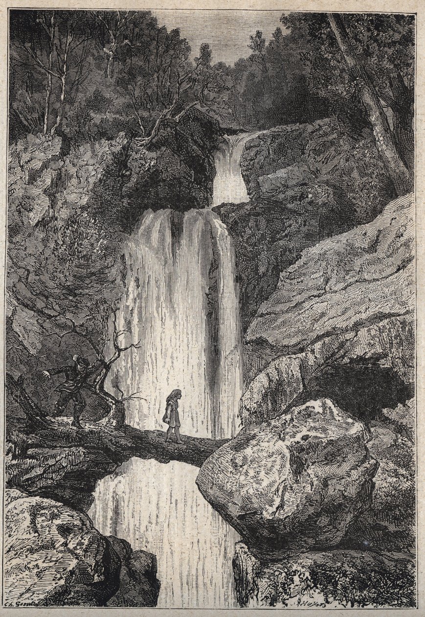 Wodospad Linklater - XIX-wieczna ilustracja do powieści historycznej „Purytanie Szkocji” (Stara śmiertelność) Waltera Scotta (1771-1832) autorstwa Unknown artist