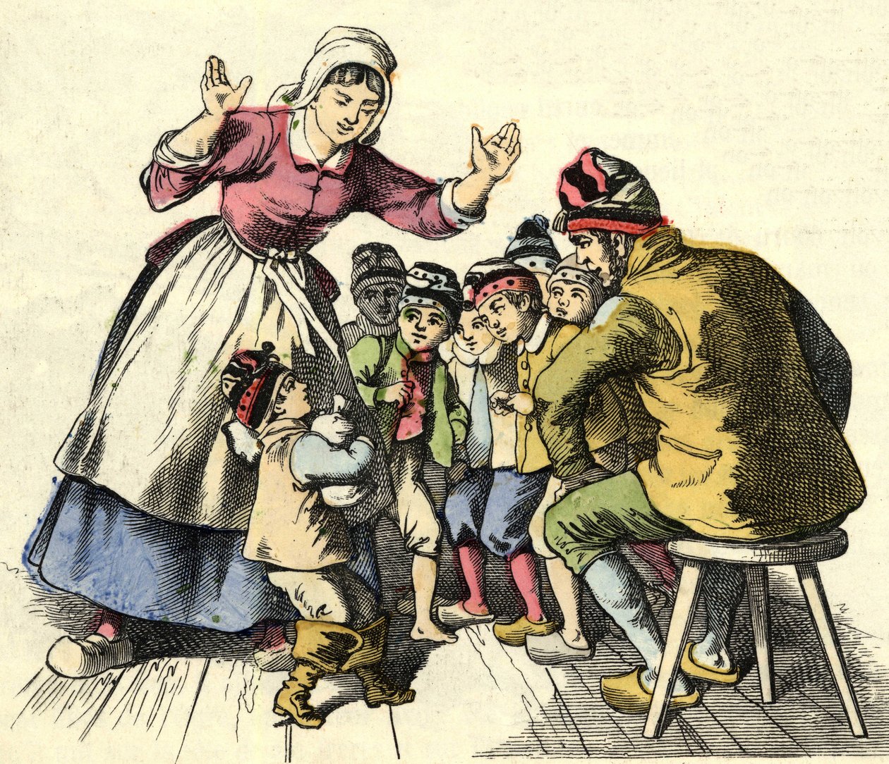 Mały Poulet i jego bracia wracają do domu, do swoich rodziców. Ilustracja do bajki „Le Petit Poucet” autorstwa Charlesa Perraulta autorstwa Unknown artist