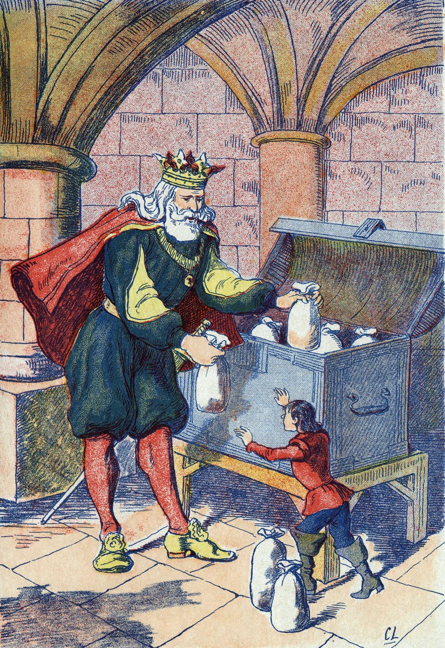 Mały Poulet rekompensuje Królowi. Ilustracja do „”Le Pepetit poucet””, opowiadania Charlesa Perraulta (1628-1703), francuskiego pisarza. Anonimowa ilustracja. Zdjęcia Marcel Vagne, Jarville Nancy, bez daty (koniec XIX wieku). autorstwa Unknown artist