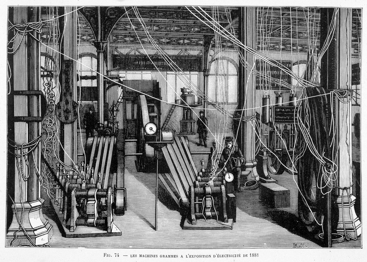Gramy maszynowe na wystawie elektryczności w 1881 r. – w „Nowych podbojach nauki” Louisa Figuiera. autorstwa Unknown artist