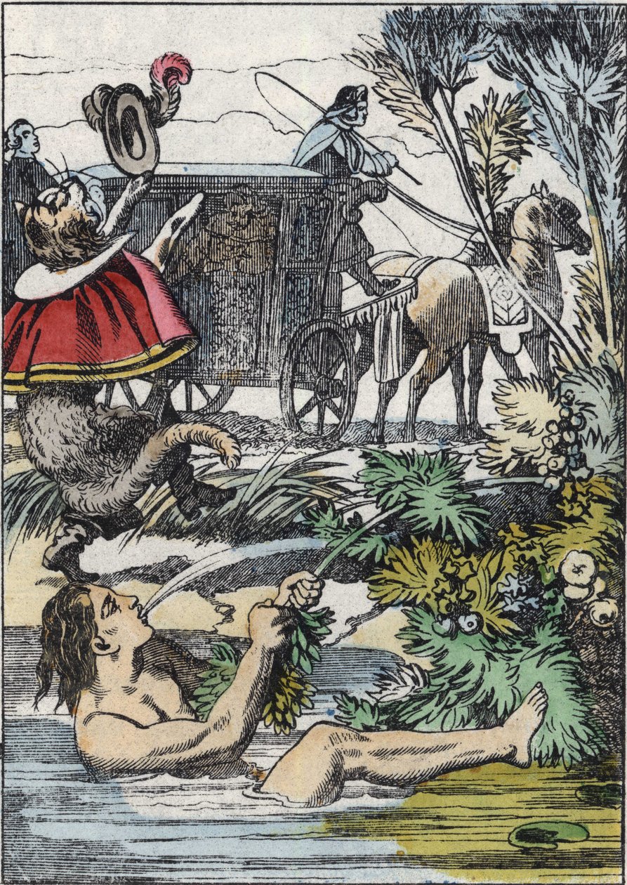 Markiz de Carabas udaje, że tonie, podczas gdy kocica woła o pomoc. Ilustracja do bajki „Kot botte” Charlesa Perrault autorstwa Unknown artist