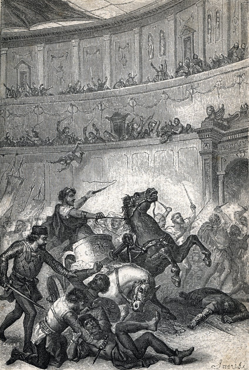 Masakra w Tesalonice w 390 roku. Rycina 1884 autorstwa Unknown artist