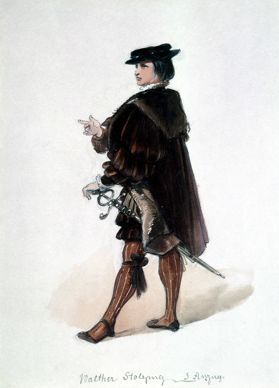 The Master Singers of Norymberga (Die Meistersinger von Nürnberg), opera stworzona przez Richarda Wagnera: kostium Walthera von Stolzing do pierwszego przedstawienia. Muzeum Wagnera w Bayreuth. autorstwa Unknown artist
