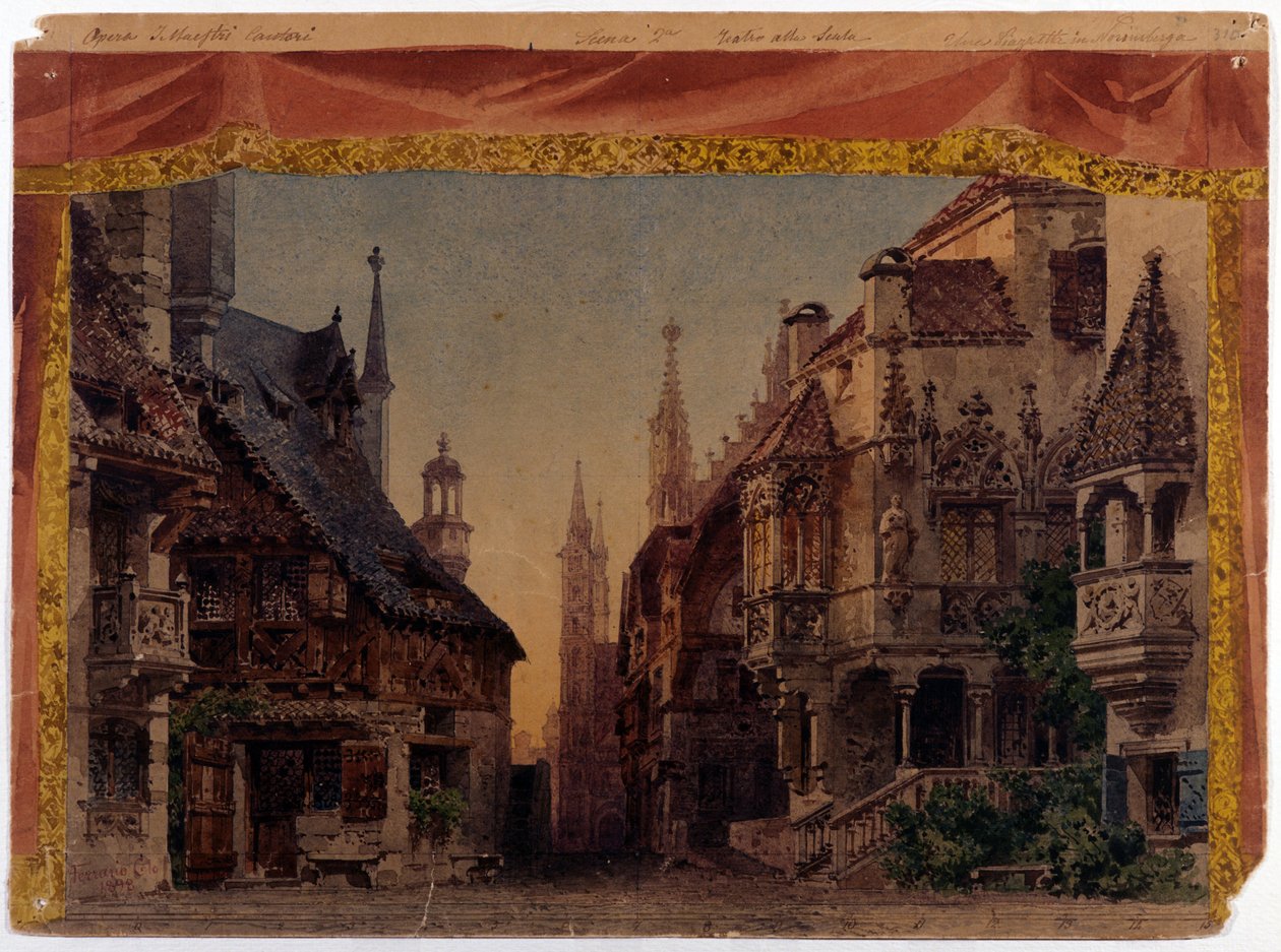 Meistersinger von Nurnberg (Les Meistersinger de Norymberg), WWV 96, opera Richarda Wagnera stworzona w 1868 roku. Scenografia Ferrario dla La Scali w Mediolanie autorstwa Unknown artist