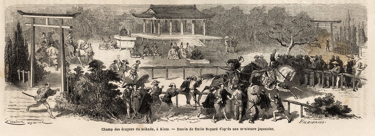 Dziedziniec Giermków Mikado (Cesarz Japonii) w Kioto (lub Kioto), tor treningowo-treningowy dla koni cesarskich. Rycina ilustrująca podróż do Japonii w latach 1863-1864 autorstwa Aime Humberta, ministra Konfederacji Szwajcarskiej, w „Le tour du monde, nouv autorstwa Unknown artist