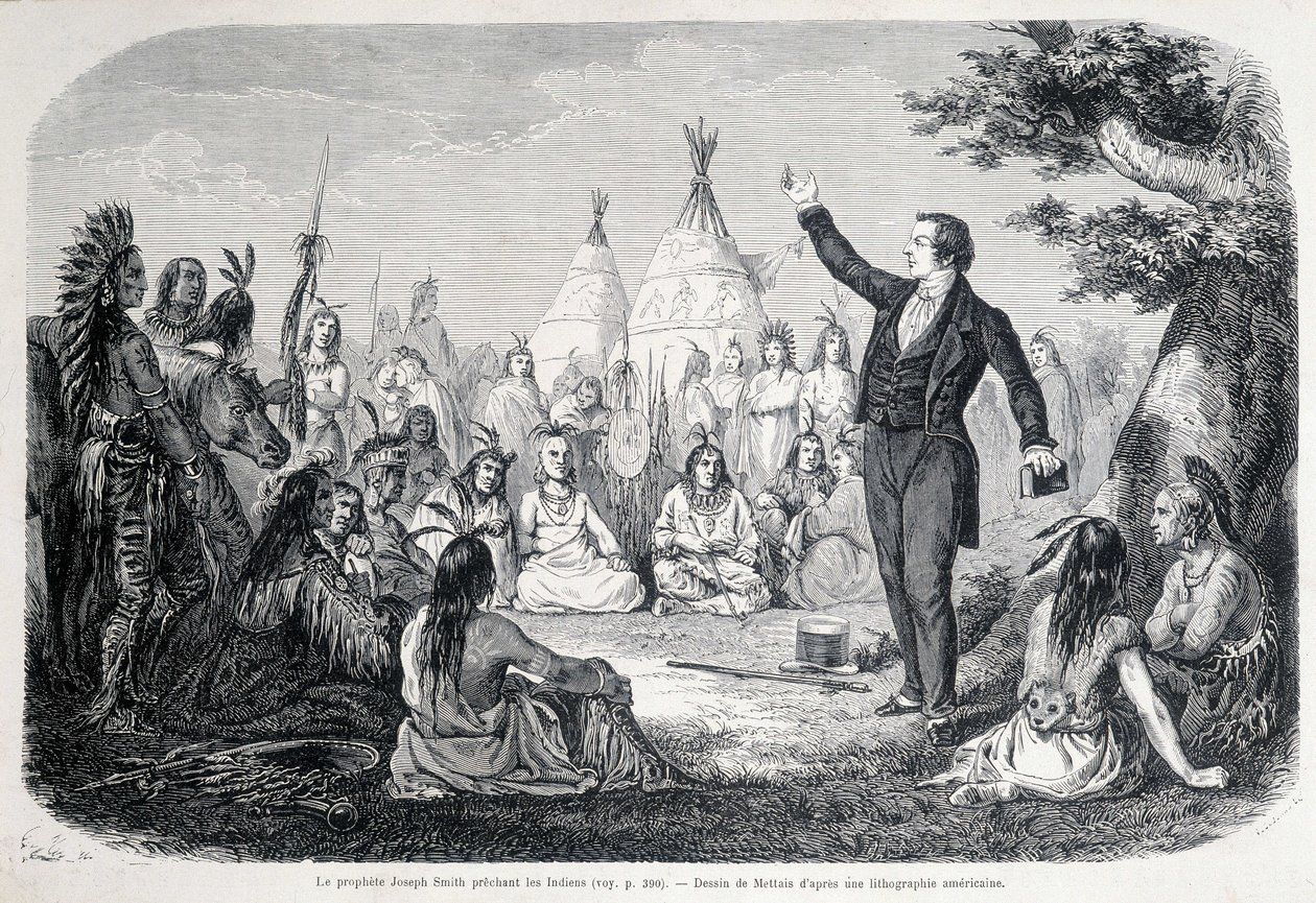 Mormon Prorok Józef Smith nauczający Indian (Ameryka Północna). Ilustracja z XIX wieku. autorstwa Unknown artist