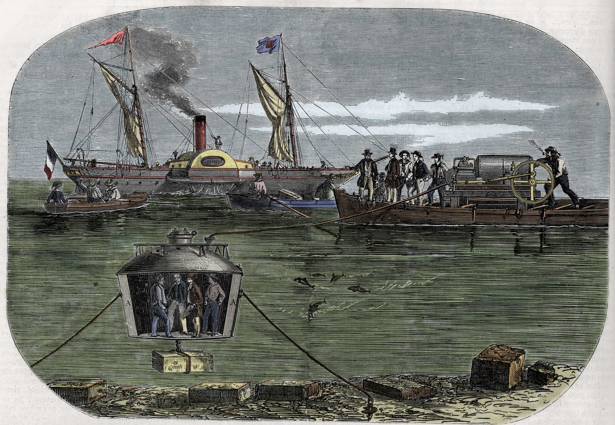 Dzwonek do nurkowania „Nautilus” dr Antoine Prosper Payerne eksperymentował w Sekwanie w Paryżu, a następnie udoskonalił go w Stanach Zjednoczonych. Grawer (1858) w Le „”Monde sławny””. autorstwa Unknown artist