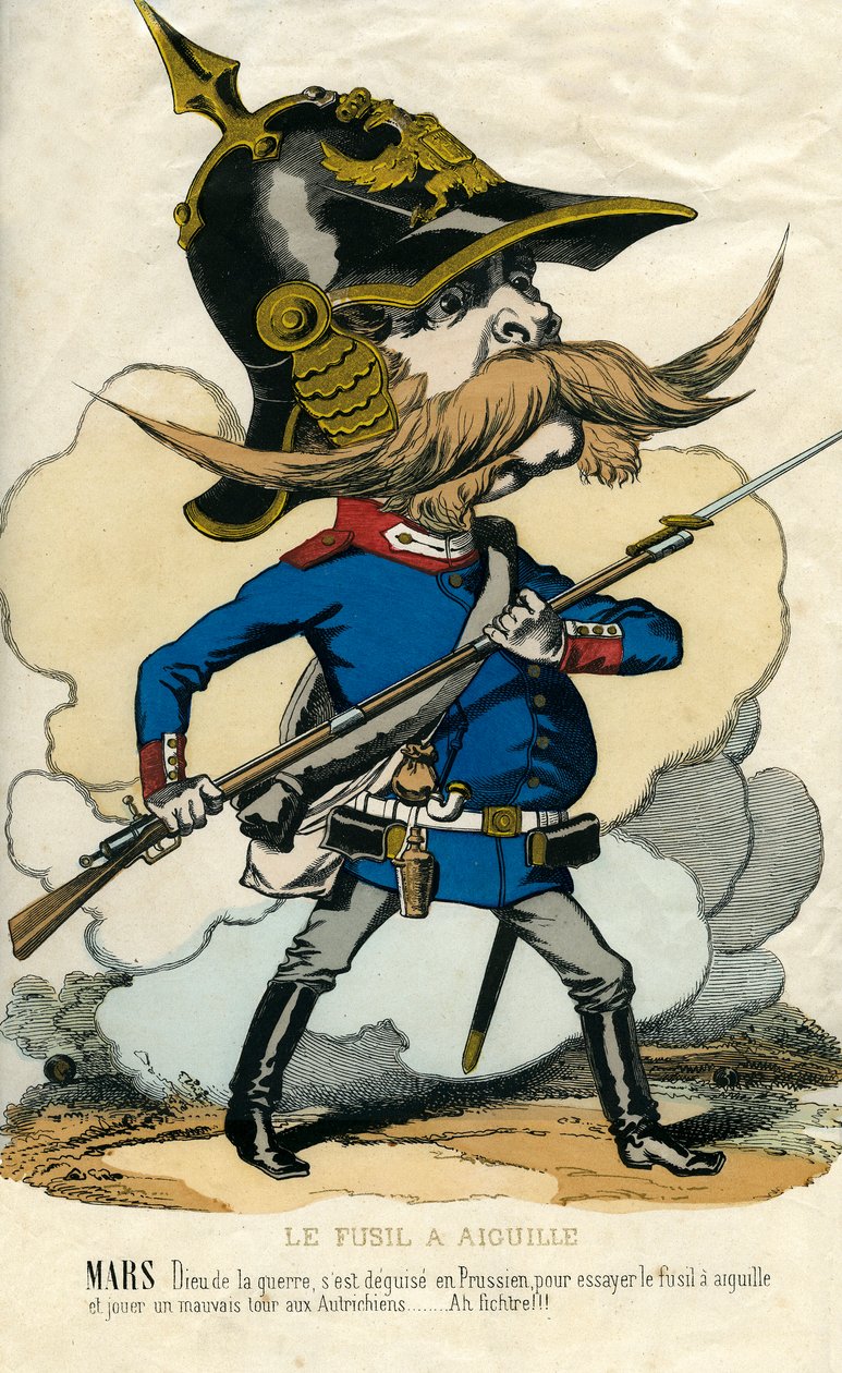 Karabin igłowy - Portret Otto Von Bismarcka (1815-1898) Kanclerz Prus - Mars, bóg wojny, zawiódł się jako Prusak, próbując karabinu igłowego i spłatać Austriaków złego figla... Karykatura autorstwa Unknown artist