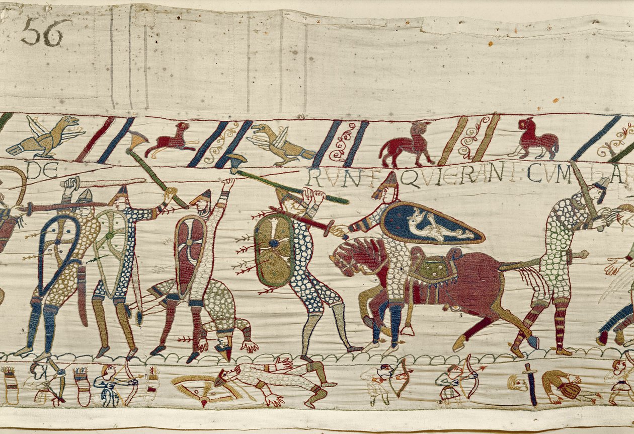 Normanowie walczą i zabijają tych, którzy byli z królem Haroldem, Gobelin z Bayeux (haft z wełny na płótnie) autorstwa Unknown artist