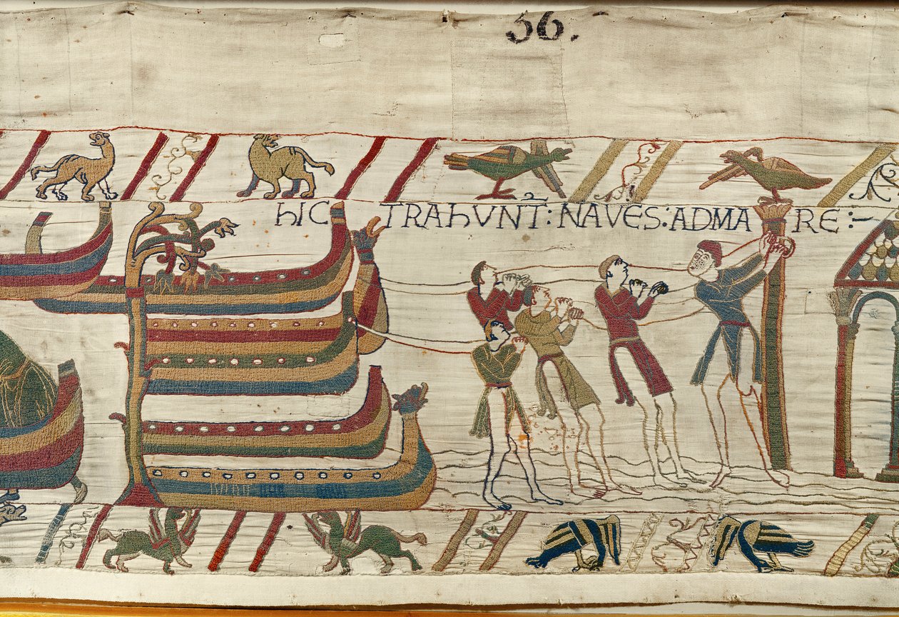 Normanowie ciągną swoje statki na morze, Bayeux Tapestry (haft wełniany na płótnie) autorstwa Unknown artist
