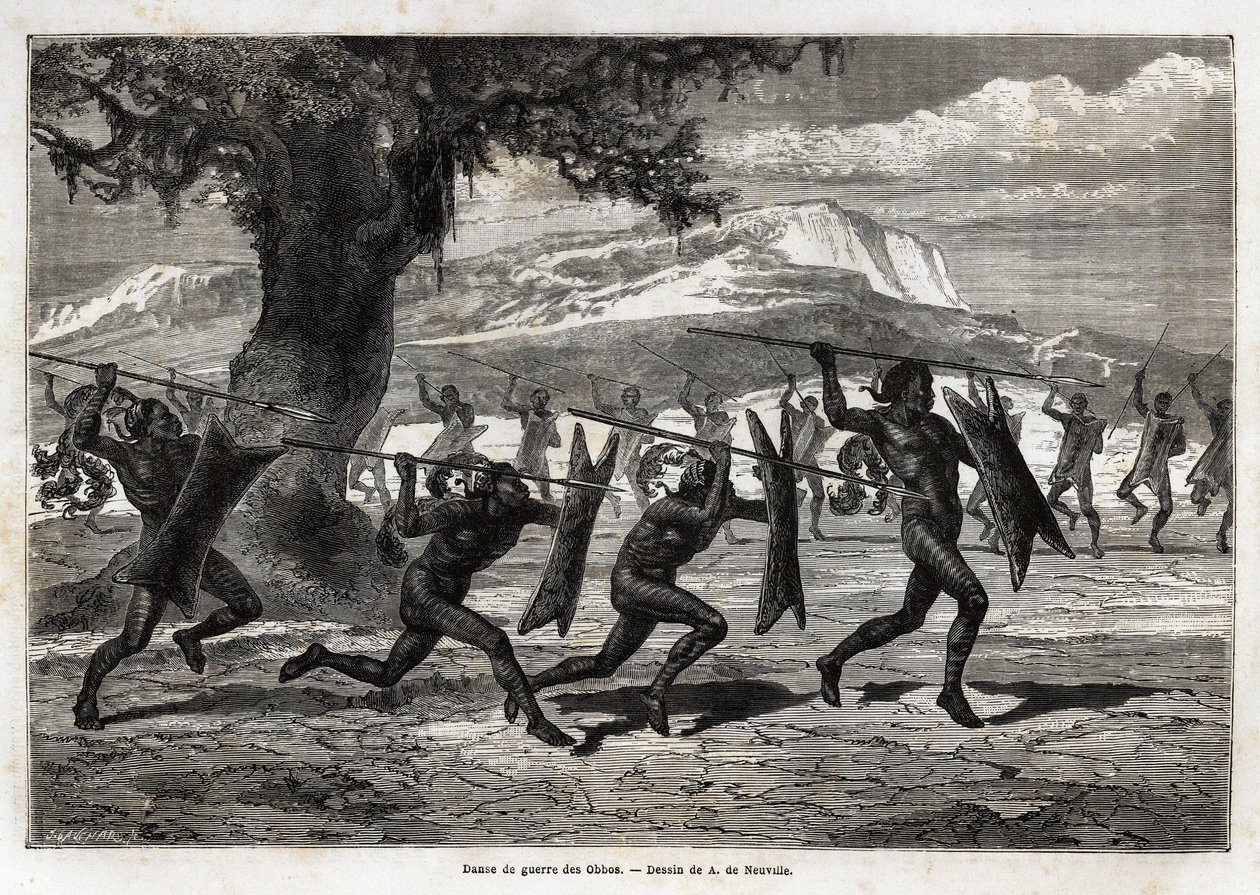 Obbos (plemię Ugandy) wykonujące taniec wojenny. Grawer dla ilustracji wyprawy do jeziora Albert w latach 1861-1864, autorstwa Sir Samuela White Bakera, w „Le tour du monde, nouveau journal des voyages” wydanej pod kierunkiem Edouarda Chartona autorstwa Unknown artist