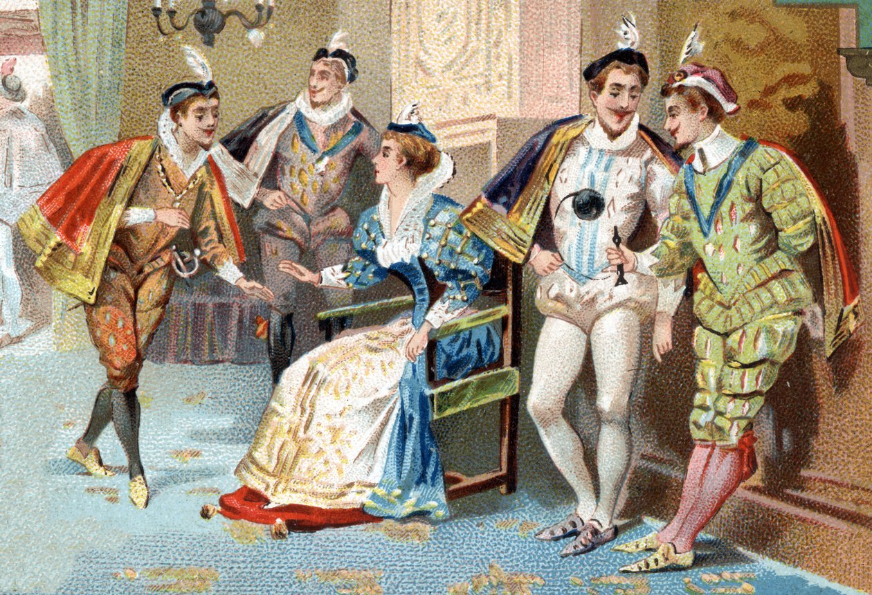 Palais du Louvre za panowania Henryka III (XVI w.): młodzi mężczyźni z dworu królewskiego. Chromolitografia z końca XIX wieku. autorstwa Unknown artist