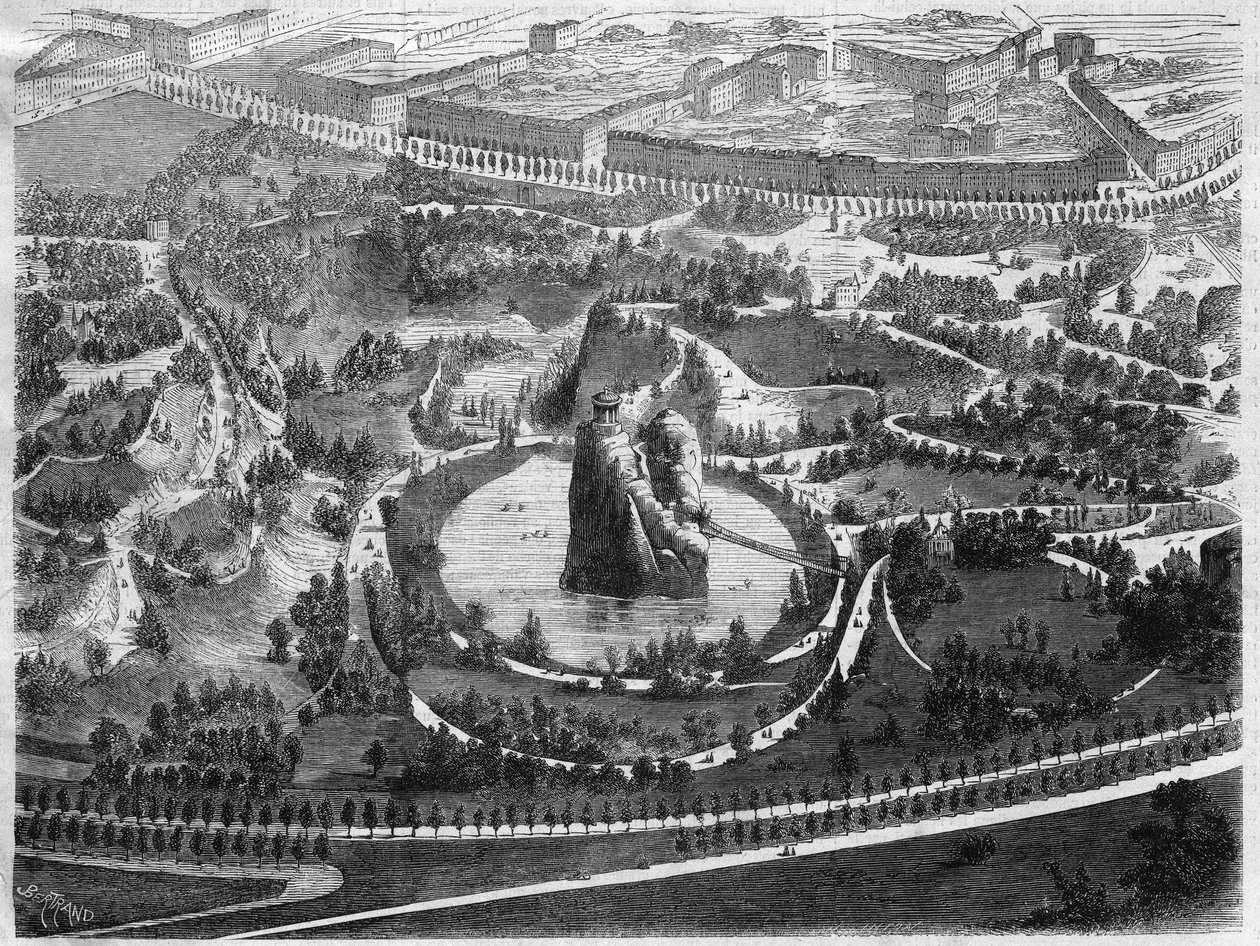 Parc des Buttes Chaumont (Buttes-Chaumont), publiczny ogród w XIX dzielnicy Paryża wybudowany z inicjatywy Napoleona III, stworzony przez barona Haussmanna (Georges Eugene Haussmann autorstwa Unknown artist