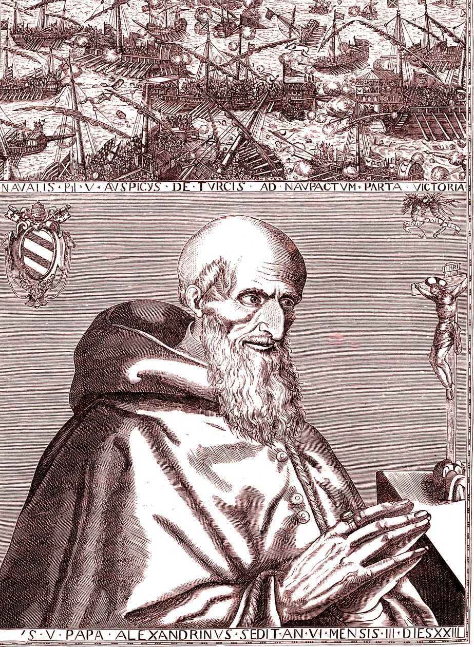 Papież Pius V zawiera sojusz z flotą hiszpańską i flotą wenecką przeciwko Turkom w bitwie pod Lepante w październiku 1571 r. autorstwa Unknown artist