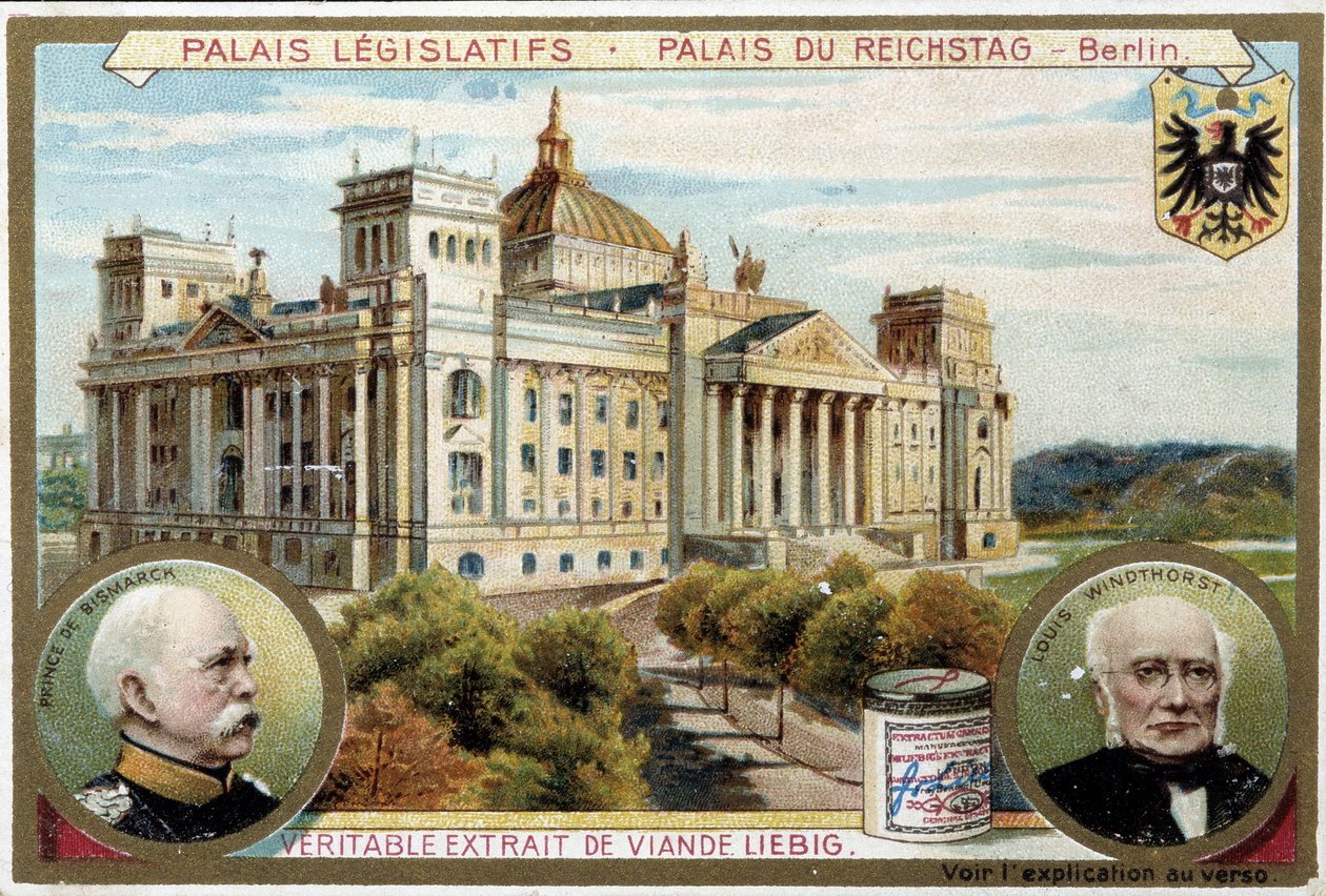 Pałac Reichstagu w Berlinie oraz portrety Bismarcka i Windthorsta - Etykieta reklamowa Liébig, v.1900 autorstwa Unknown artist