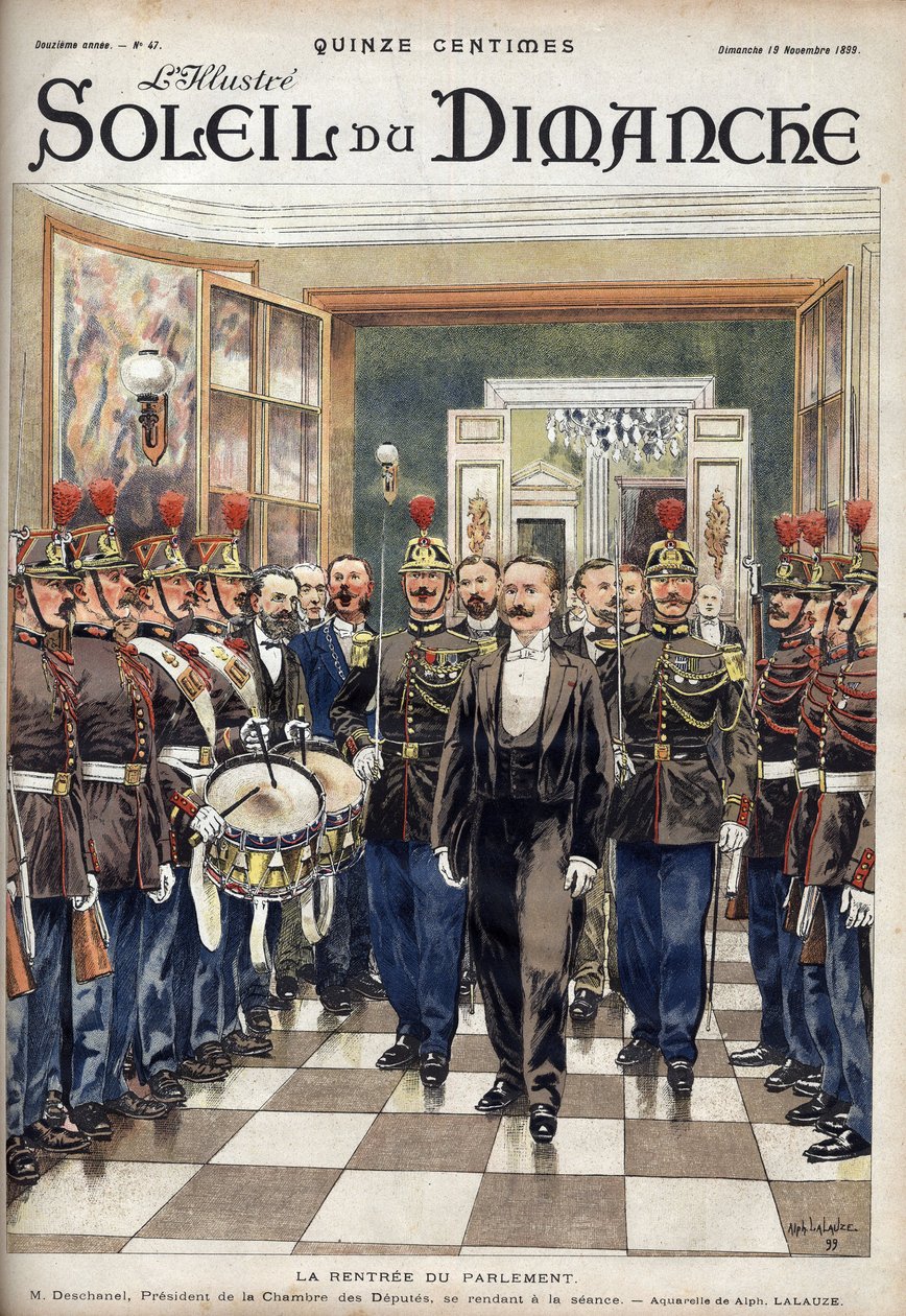 Najemca Parlamentu; Pan Paul Deschanel (1855-1922), Marszałek Izby Deputowanych uczestniczący w posiedzeniu. Grawerowanie w „”Le sun-du-dimanche”, 19 listopada autorstwa Unknown artist