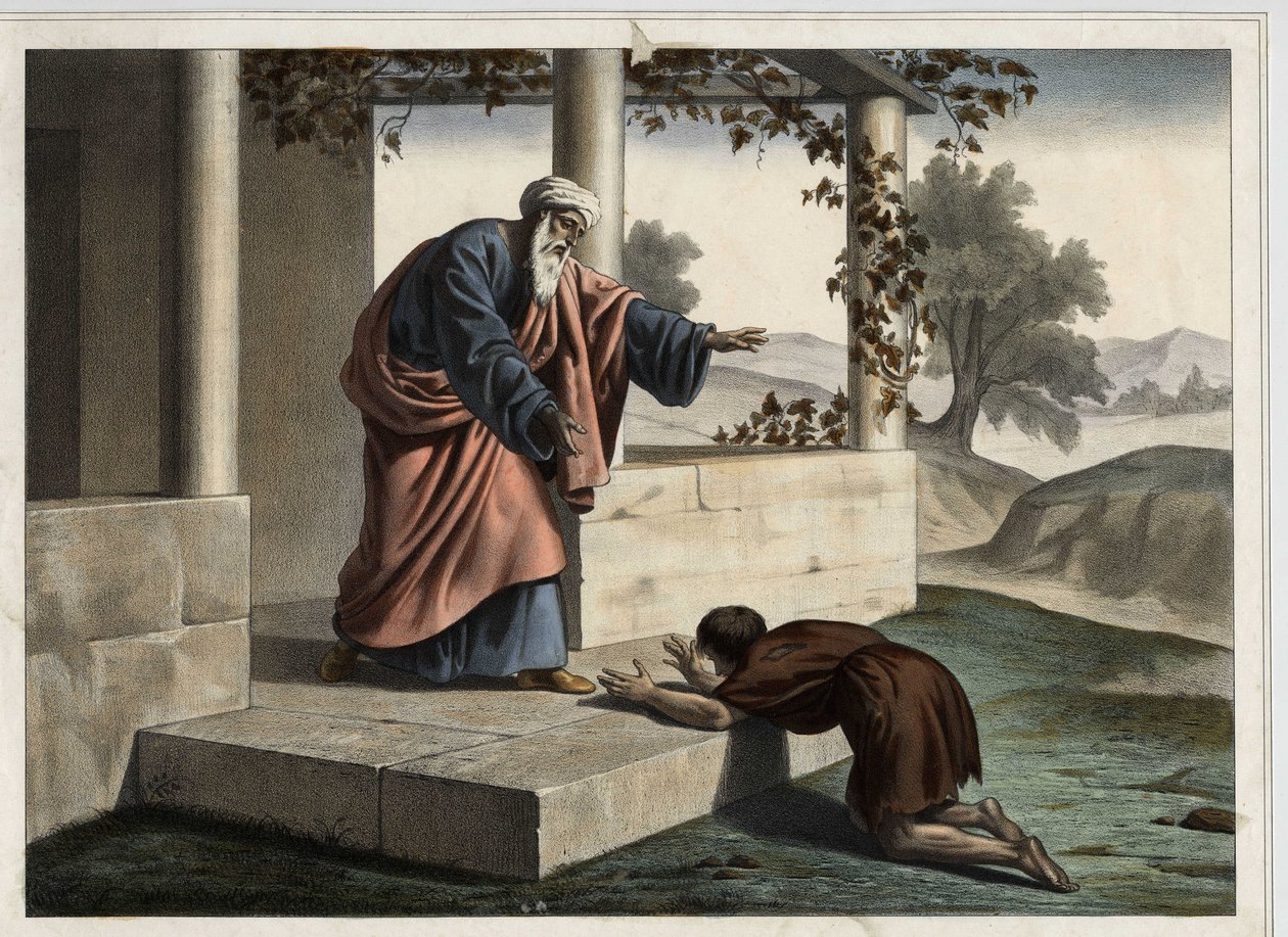 Powrót syna marnotrawnego - Przypowieść o synu marnotrawnym: powrót syna marnotrawnego do ojca. Anonimowy rycina z połowy XIX wieku. autorstwa Unknown artist