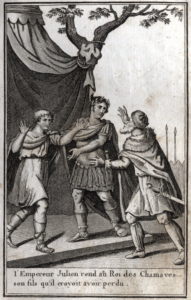 Cesarz rzymski Julian (Flavius Claudius Julianus, Julian Apostata, Julian Filozof, Julian II) (332-363) oddaje królowi germańskiego ludu Chamaves syna, którego, jak sądził, stracił. IV wiek. Grawerowanie w „Beaute de l autorstwa Unknown artist