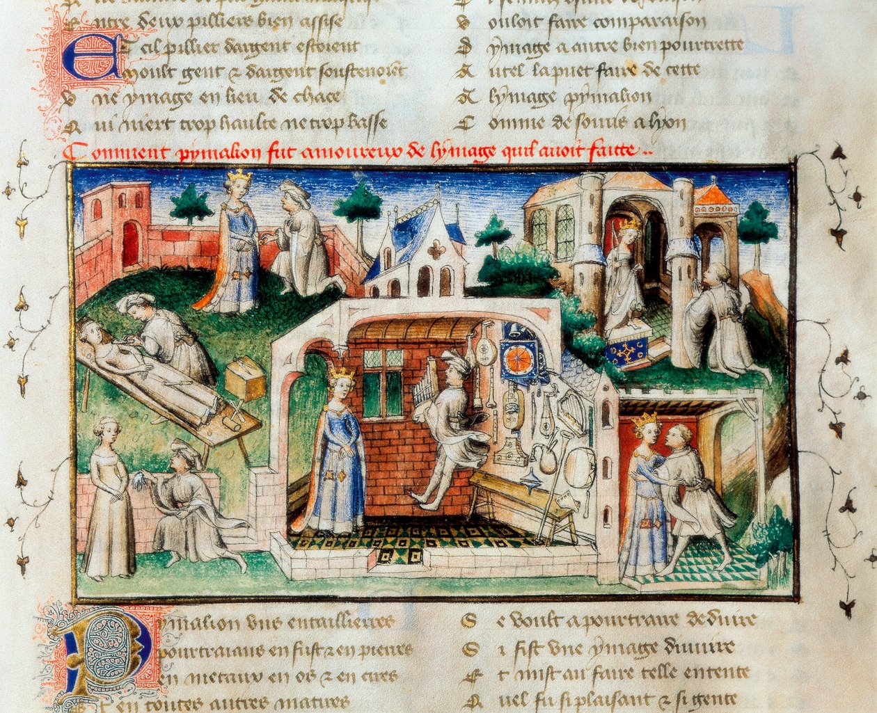 „„ Rzymianin róży ””: „„ Jak Pigmalion zakochał się w posągu, który wykonał ”. Miniatura z XIV wieku. Biblioteka Uniwersytetu w Walencji. autorstwa Unknown artist