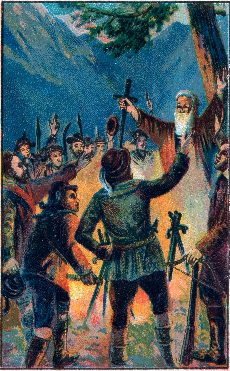 Rutlischwur (przysięga Rutli) - legendarna przysięga Starej Konfederacji Szwajcarskiej - Trzech szwajcarskich konfederatów przysięgających wierność Ruetli - Le Oath du Grutli (Rutlischwur) (Patto del Grutli) mit założycielski Szwajcarii w 1307 Chromolitogr autorstwa Unknown artist