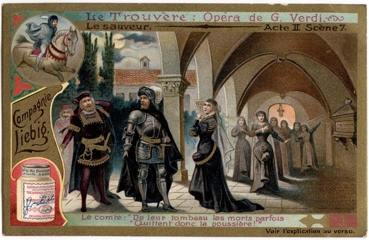 Scena Save Act II 7.Ilustracja do opery „Znalezisko” (Truvatore) Giuseppe Verdiego (1813-1901). Chromolitografia (Chromo) Liebig z końca XIX wieku. autorstwa Unknown artist
