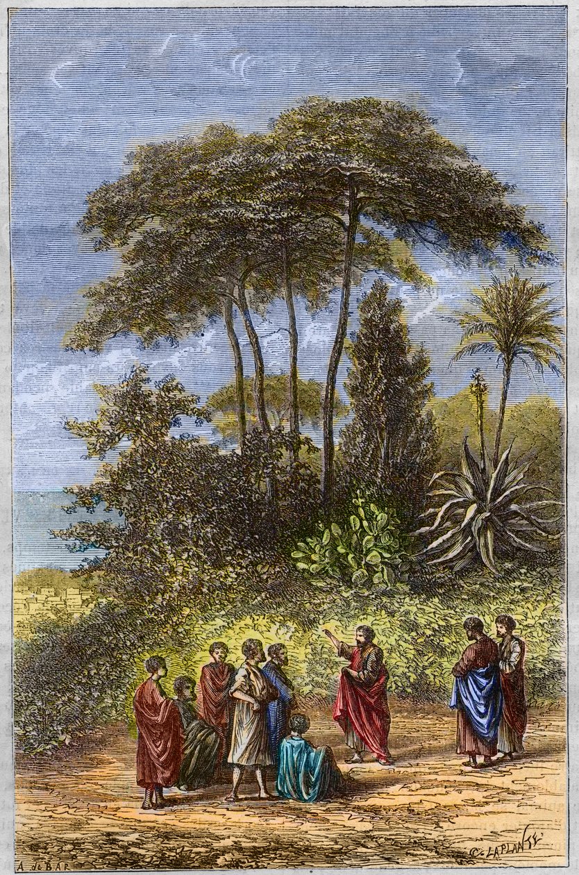 Szkoła Pitagorasa - Pitagoras wśród jego uczniów w Krotonie - rycina 1879 - Filozof Pitagoras i jego uczniowie pod cieniowaniem Crotone, rycina 1879 autorstwa Unknown artist