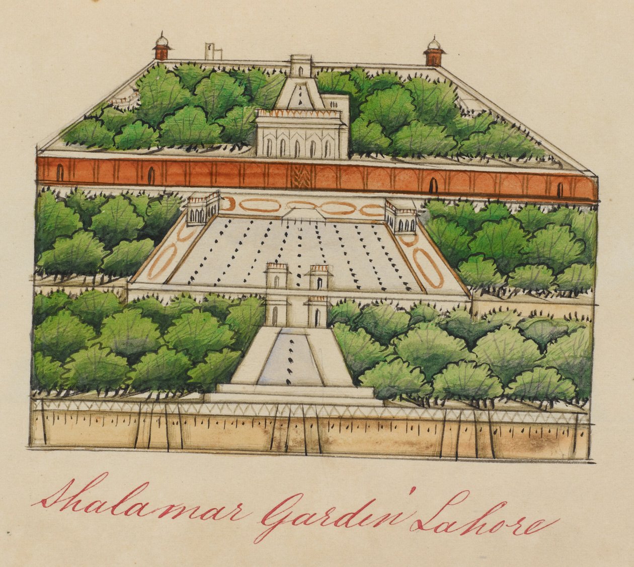 Ogrody Shalimar, 5 mil na wschód od Lahore. Inskrypcja: „Shalamar Garden Lahore”. autorstwa Unknown artist