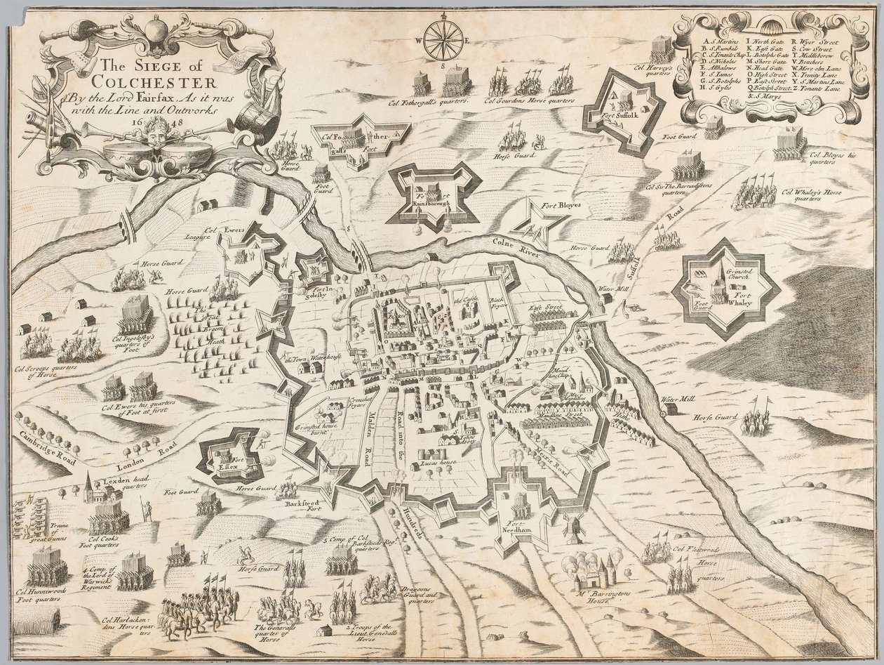 Oblężenie Colchester przez Lorda Fairfaxa, jak to było z linią i szańcami 1648 (rycina) autorstwa Unknown artist