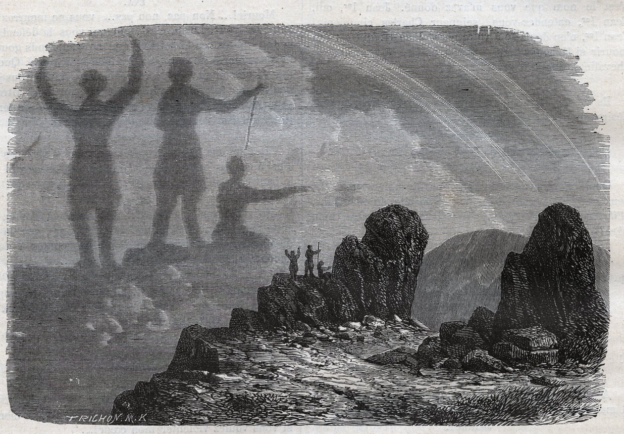 Widmo Brocken w górach Harz - widmo Brocken lub widmo Brocken - grawerowanie z 1877 roku autorstwa Unknown artist