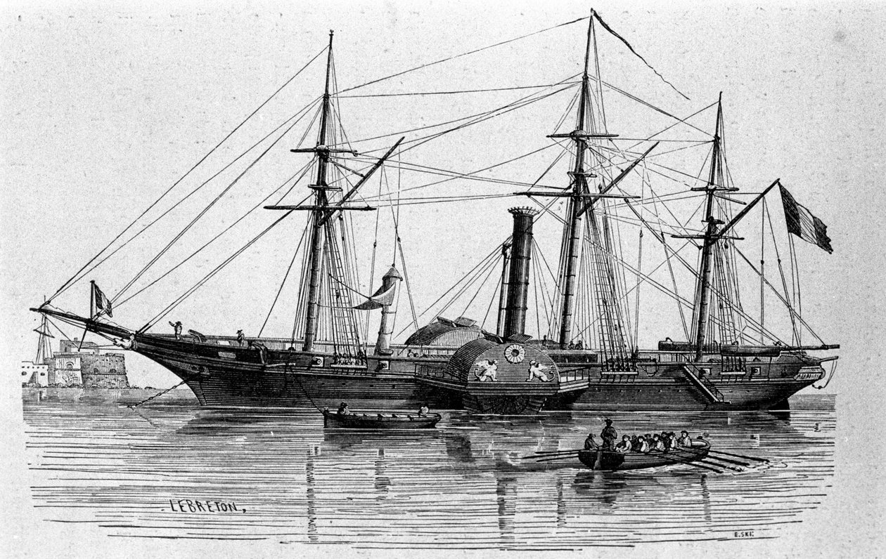 Sfinks, pierwszy parowiec francuskiej marynarki wojennej zbudowany w 1830 roku. Rycina z XIX wieku. autorstwa Unknown artist