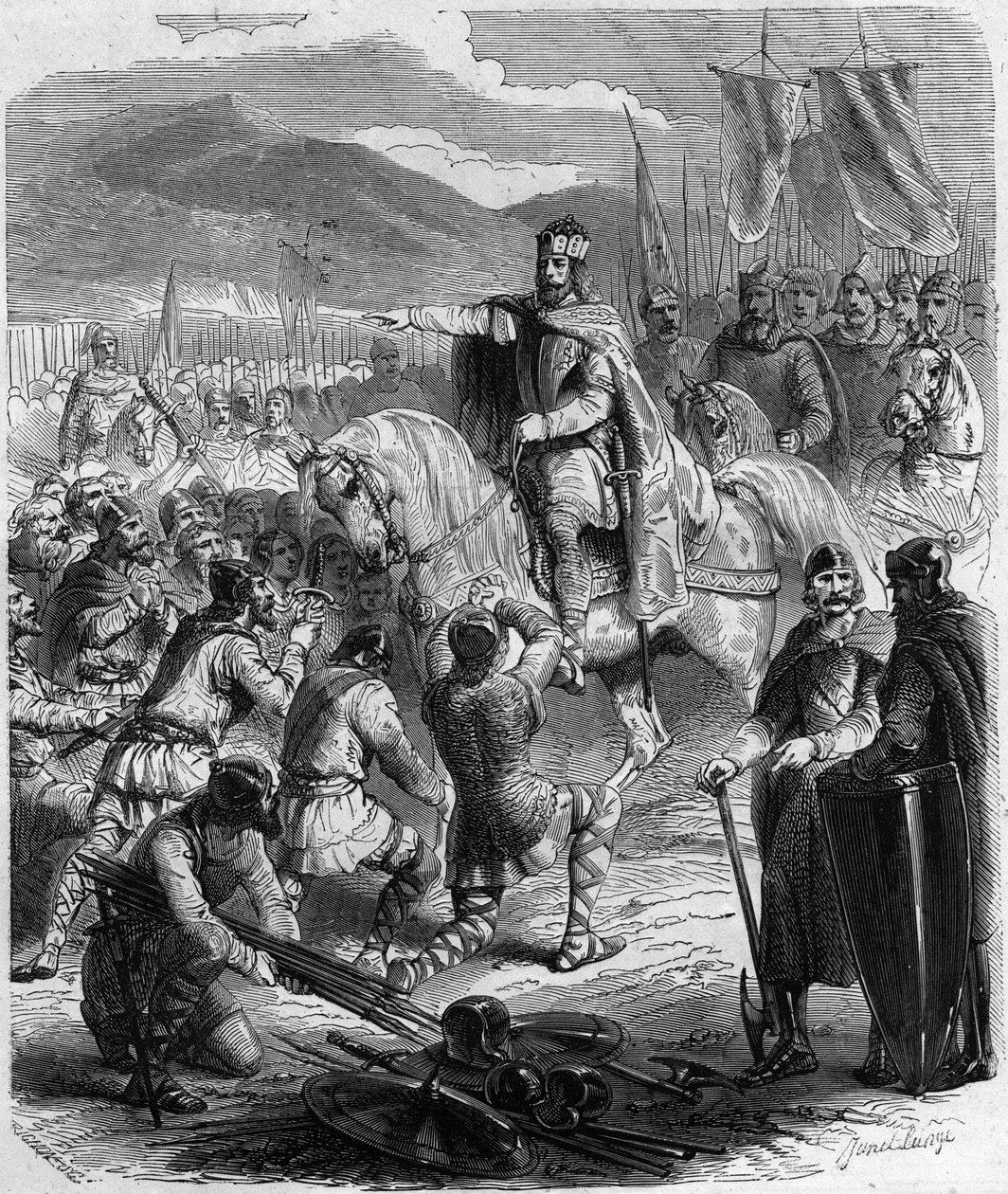Poddanie się Sasów w 785 - Historia Galii w średniowieczu: Sasi z Germanii klęczą przed królem Karolem Wielkim (742 - 814) zwycięzca wojen - Grawerowanie w „Histoire De France En Hundred Paintings by Paul Lehugeur” 1891 autorstwa Unknown artist